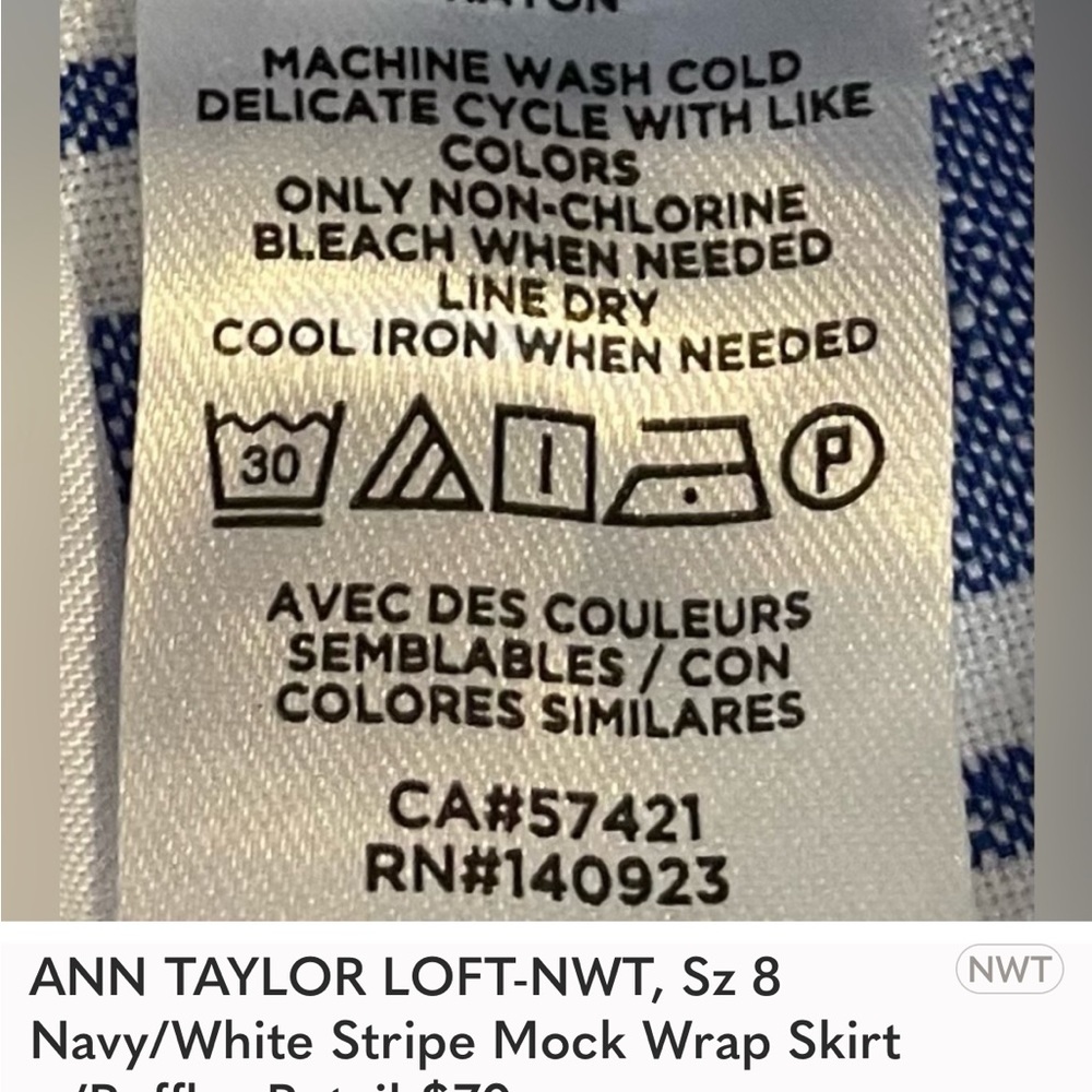 NWT ANN TAYLOR LOFT.  Sz 8 Navy/White Stripe Mock Wrap Skirt w/Ruffles - Picture 3 of 4